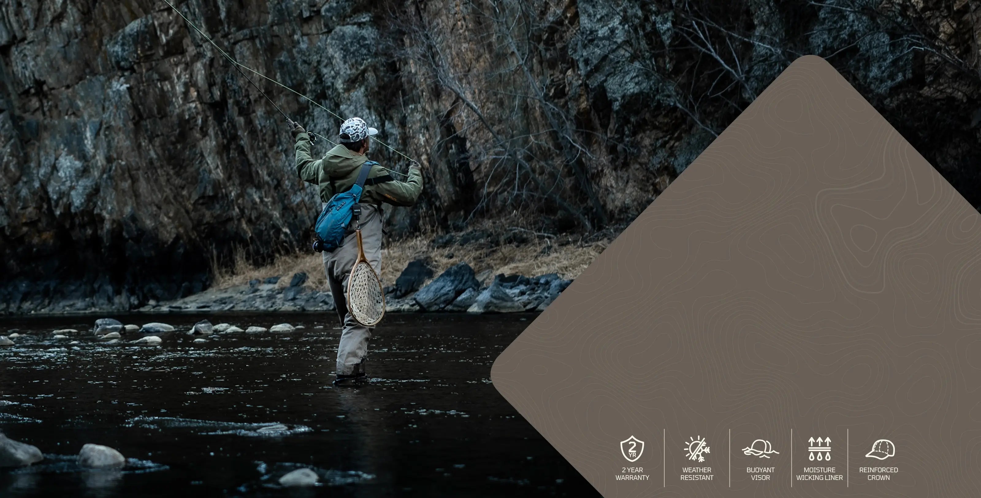 A person stands in shallow water near a rocky riverbank, holding a fishing rod, wearing a Terreno hat, with a large taupe-brown graphic overlay covering the right side of the frame and small feature icons along the bottom.